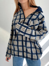 Jacket polaire vintage bleue à carreaux gris  XL