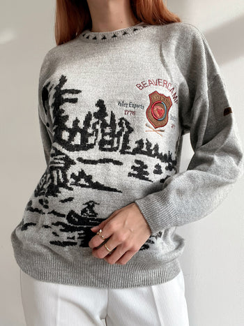 Pull vintage en laine gris clair S/M