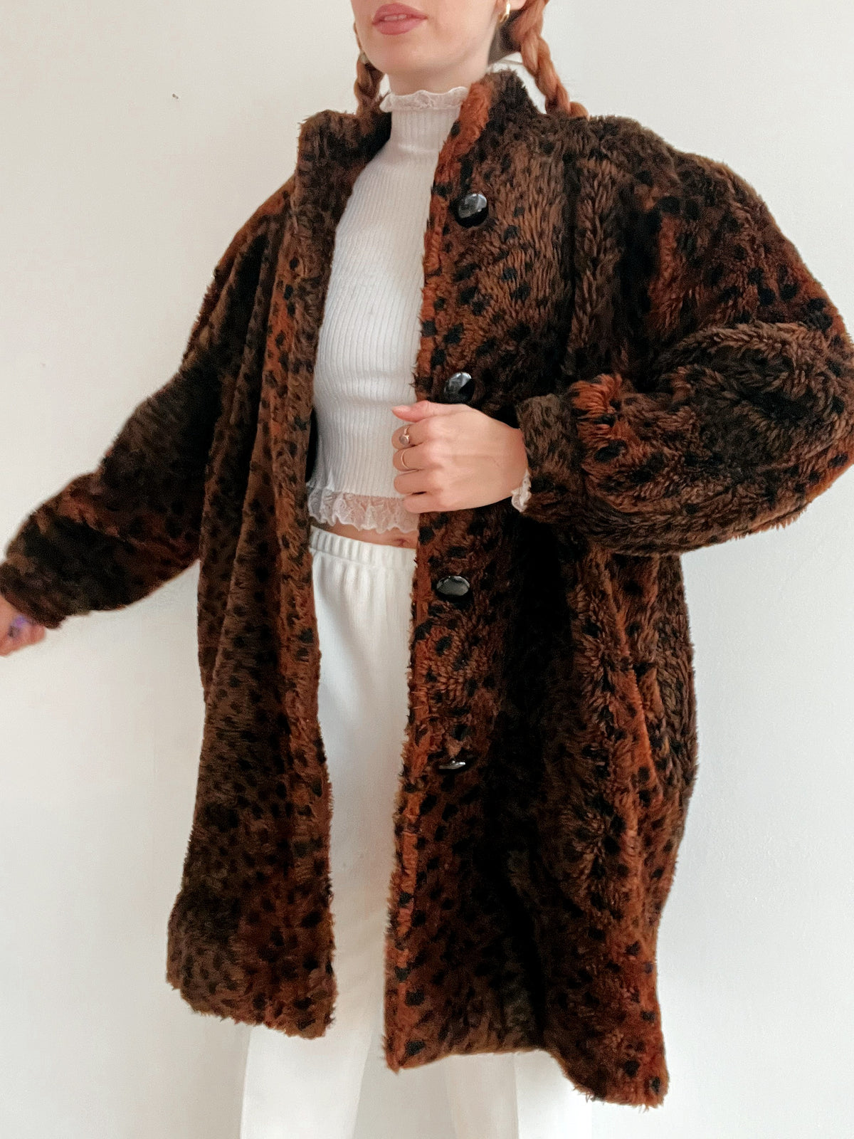 Manteau vintage brun en fausse fourrure animal M