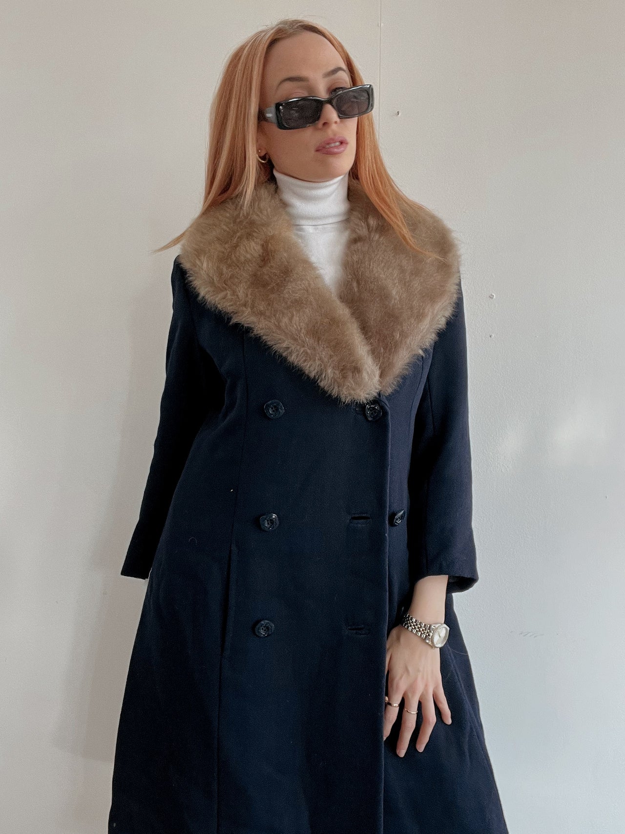 Manteau en laine vintage bleu foncé col fourrure M