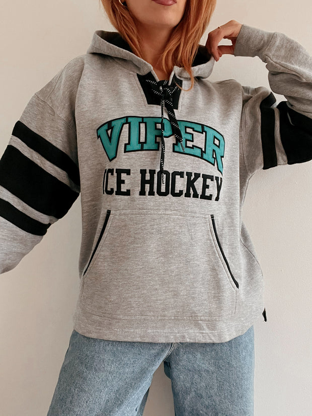 Pull vintage américain gris clair et turquoise à capuche L