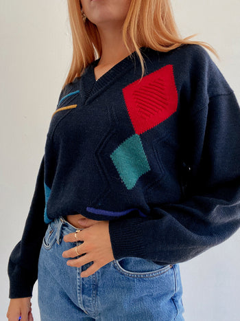 Pull vintage en laine bleu foncé et rouge  L