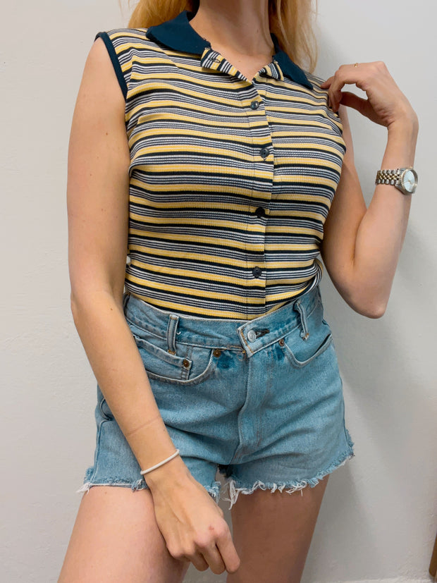 Top vintage rayé jaune et bleu foncé S