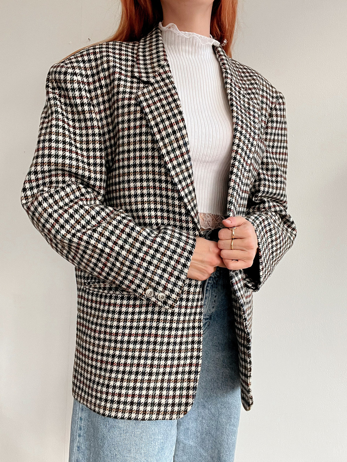 Veste blazer épaisse vintage pied de poule noir,vert,rouge L/XLa