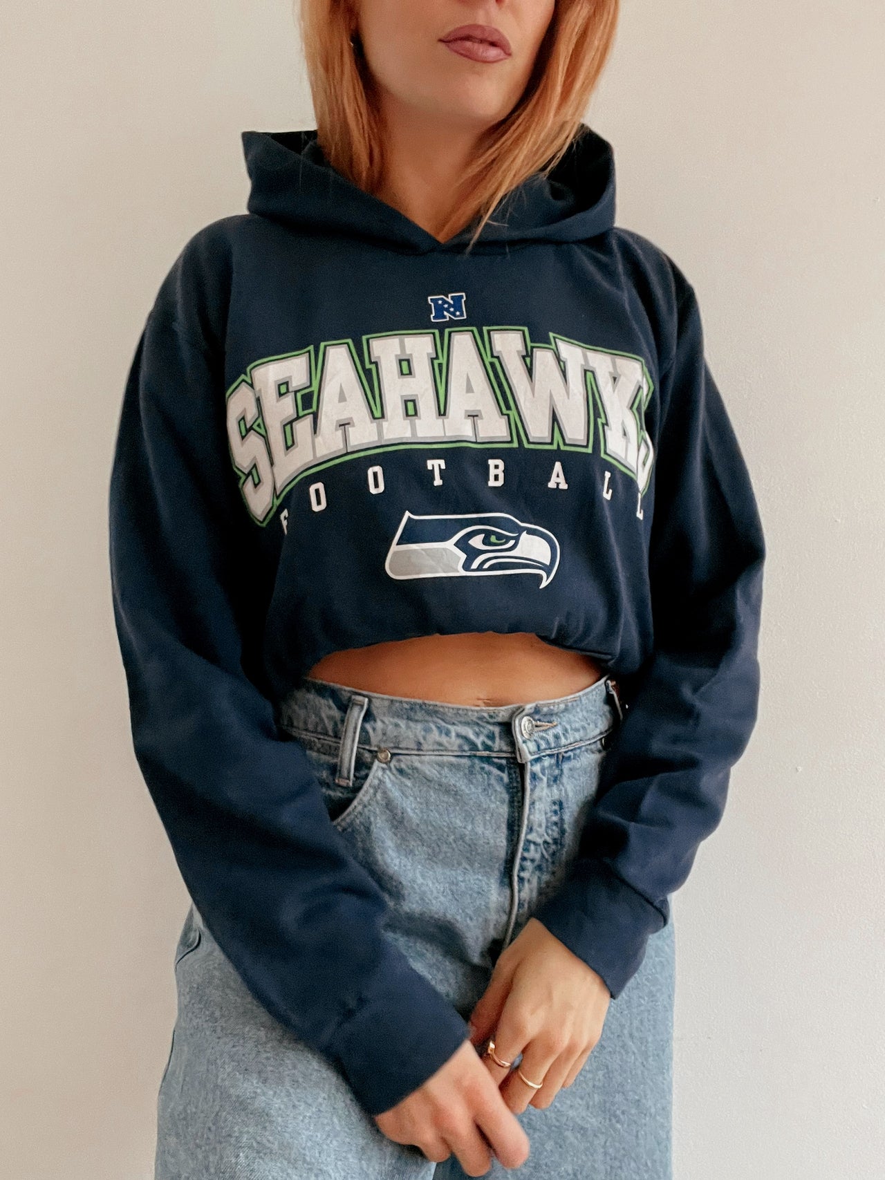 Pull vintage américain bleu foncé et vert à capuche