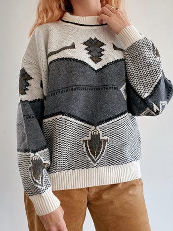 Pull vintage en laine blanc et noir M