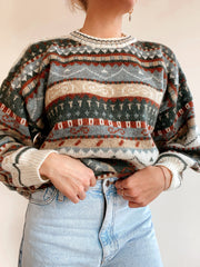 Blue knit turtleneck sweater with beige patterns M