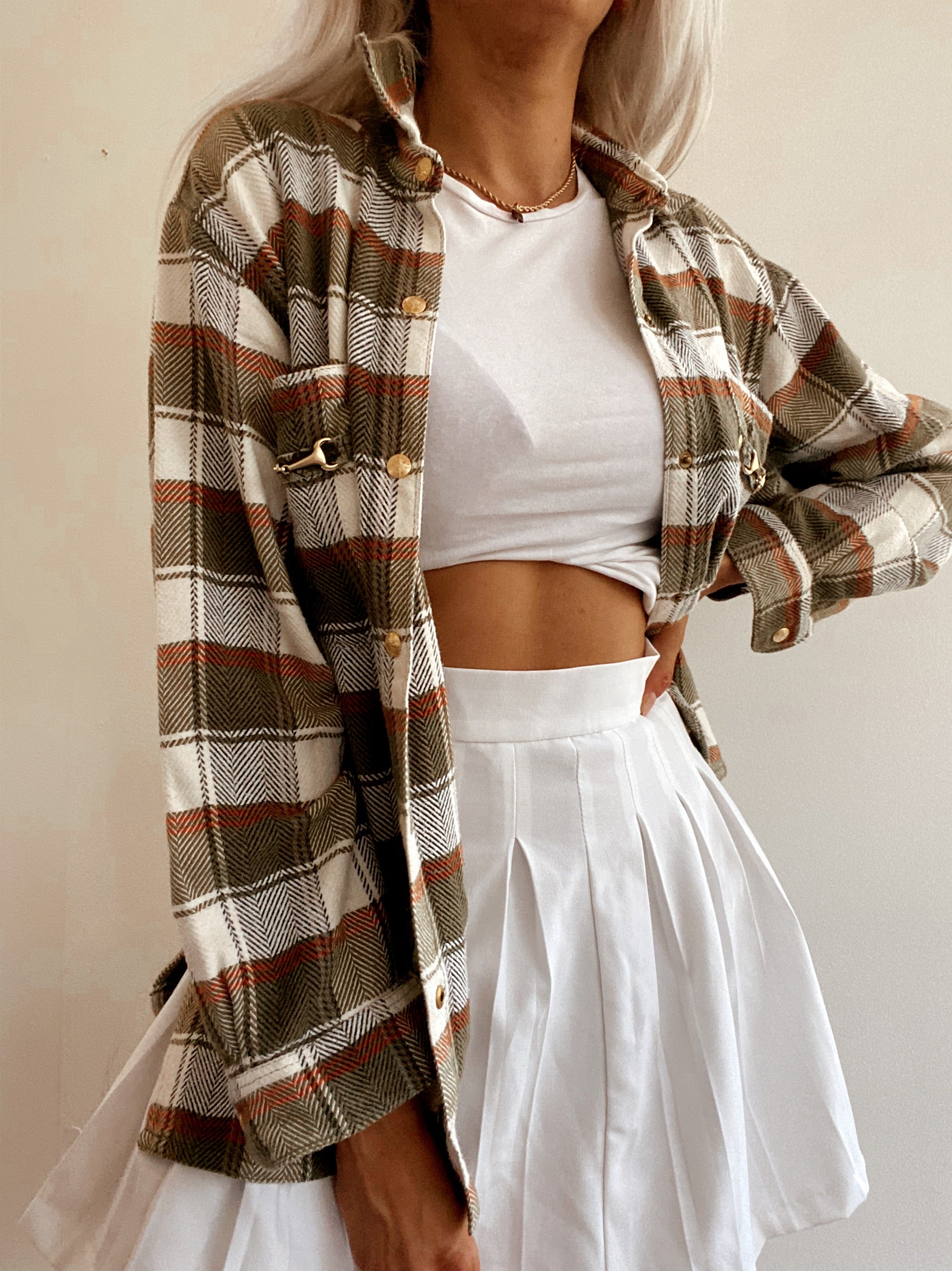 Chemise Vintage à carreaux khaki avec détails dorés