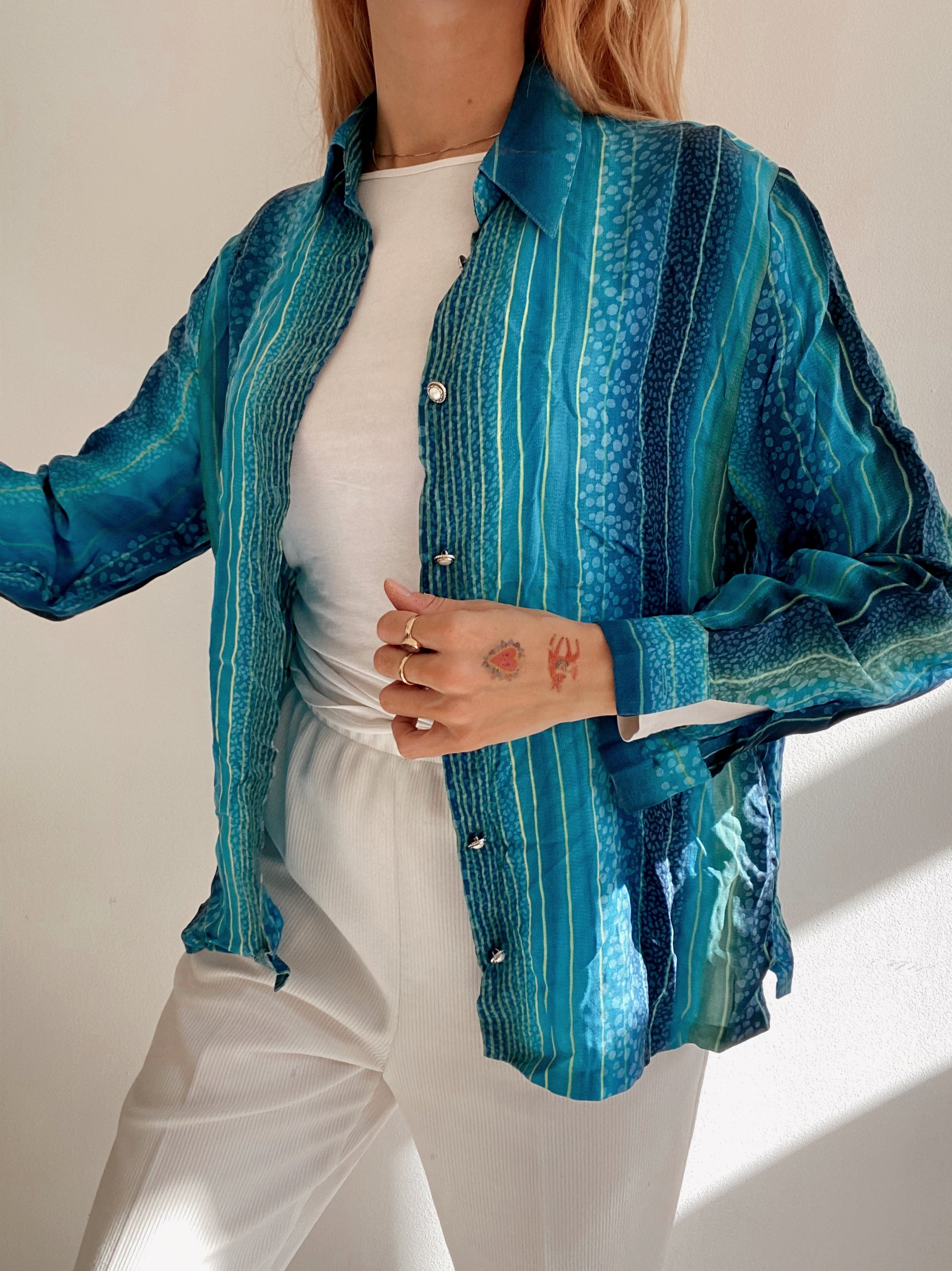 Chemise Vintage 80/90s bleue et turquoise à motifs