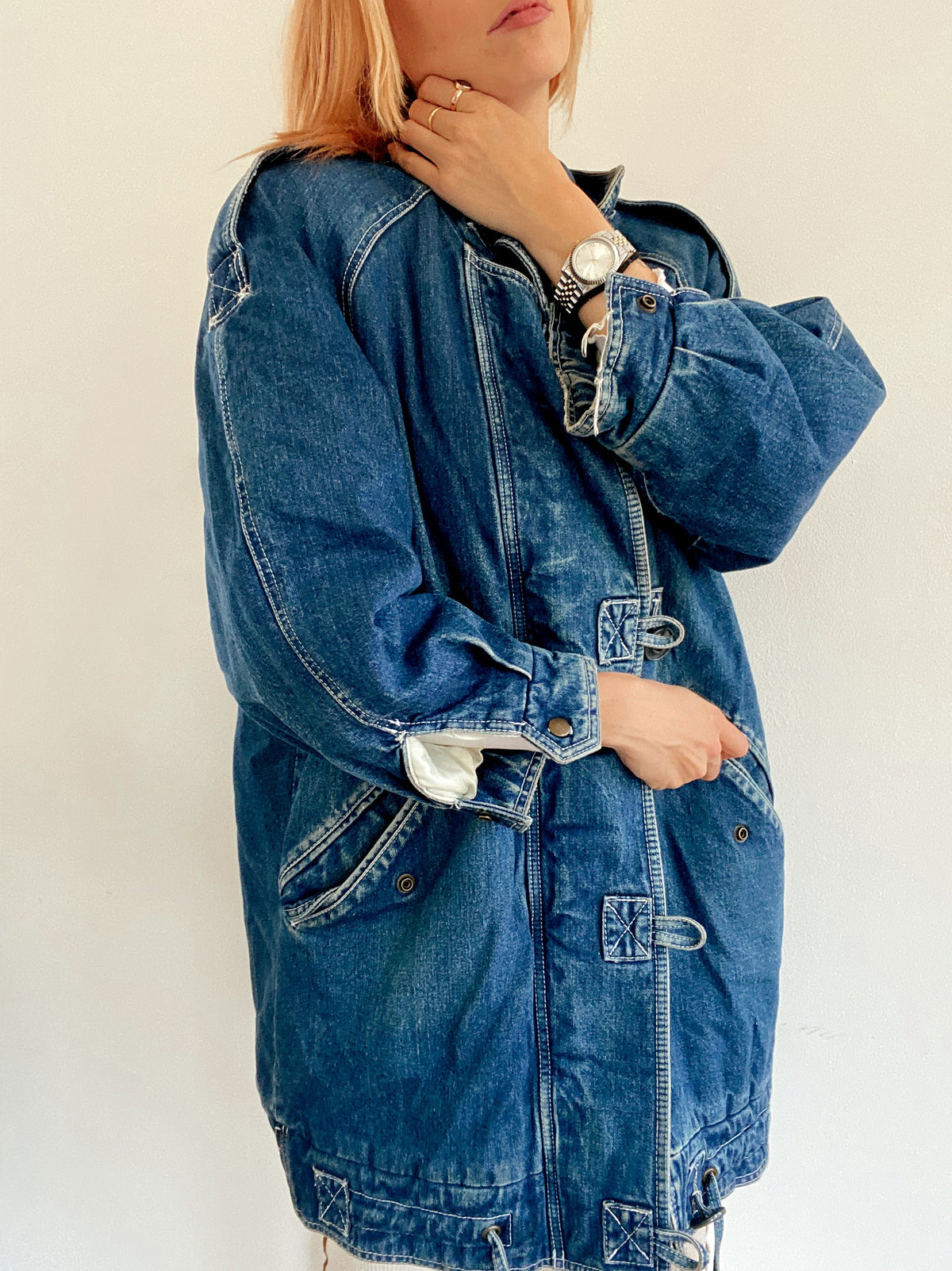 Veste en jeans vintage mi-longue oversized intérieur mouton M