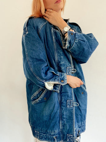 Veste en jeans vintage mi-longue oversized intérieur mouton M