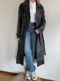 Vintage schwarzer Leder-Trenchcoat L