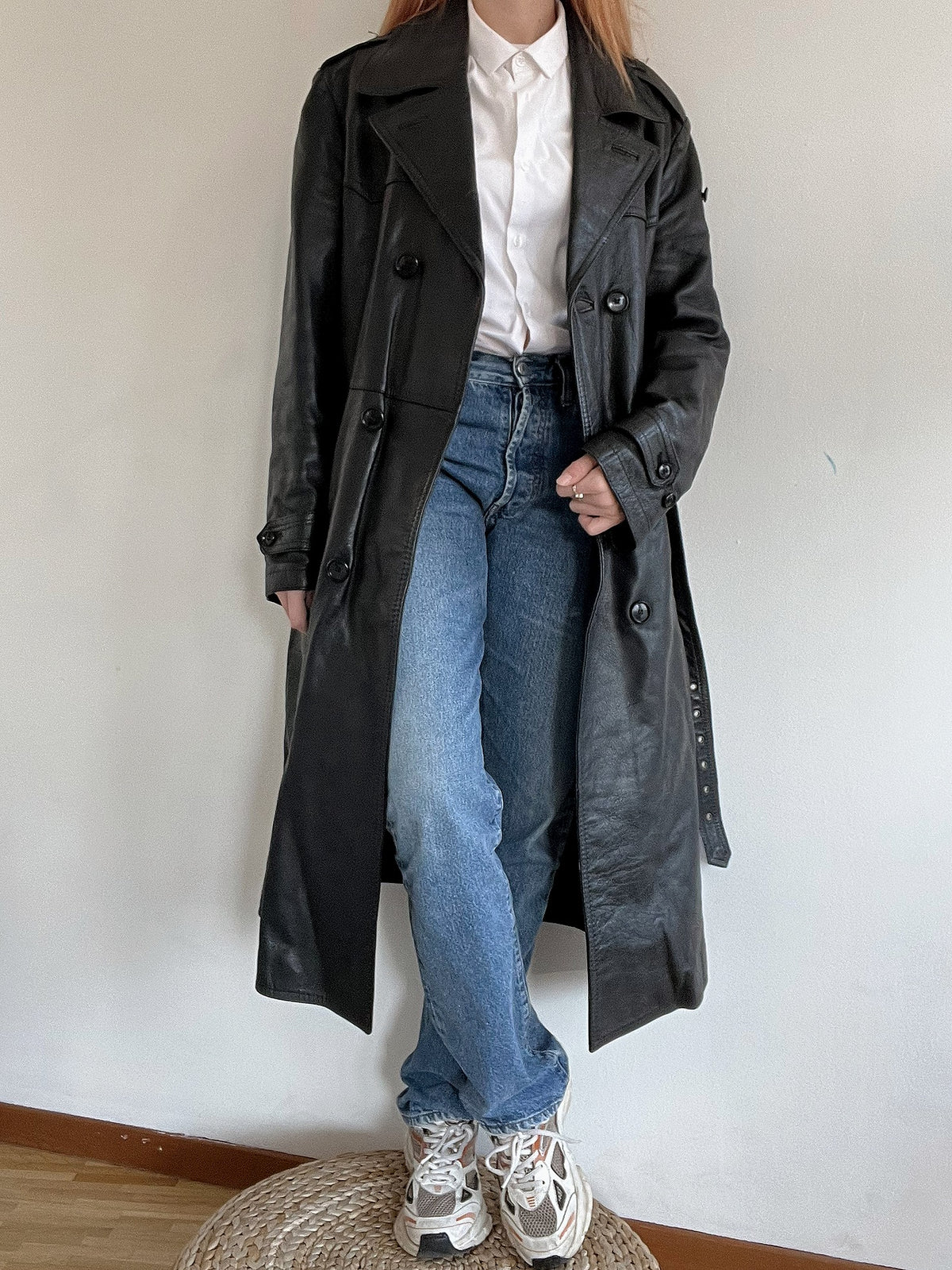 Vintage schwarzer Leder-Trenchcoat L