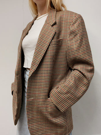 Vintage Blazerjacke braun, beige, rot Hahnentrittmuster L