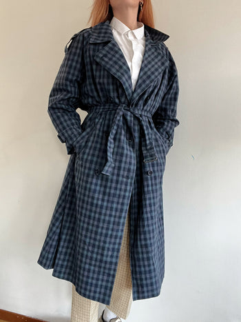 Trench coat vintage bleu foncé à carreaux M