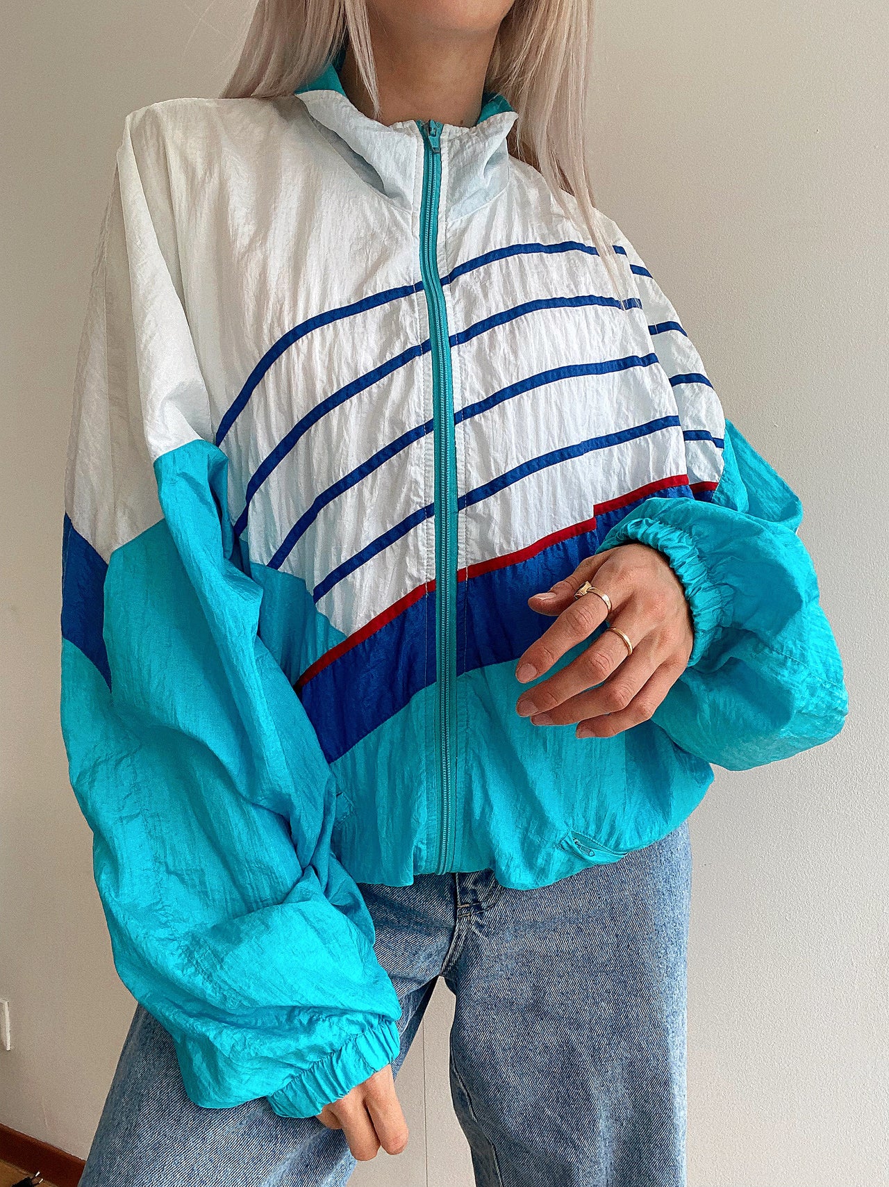 White and blue jacket with orange collar Adidas XL