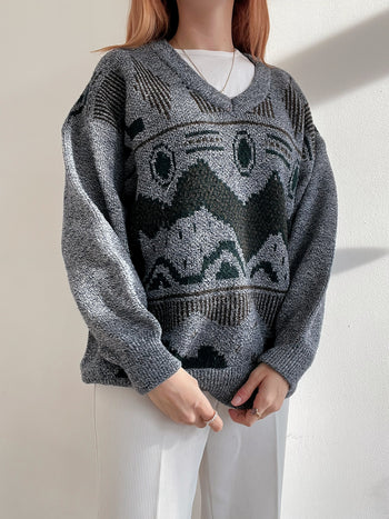 Pull vintage en maille  gris foncé L