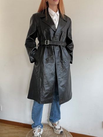 Trench coat noir vintage en cuir M/L