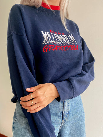 Pull vintage USA bleu marine et rouge brodé L