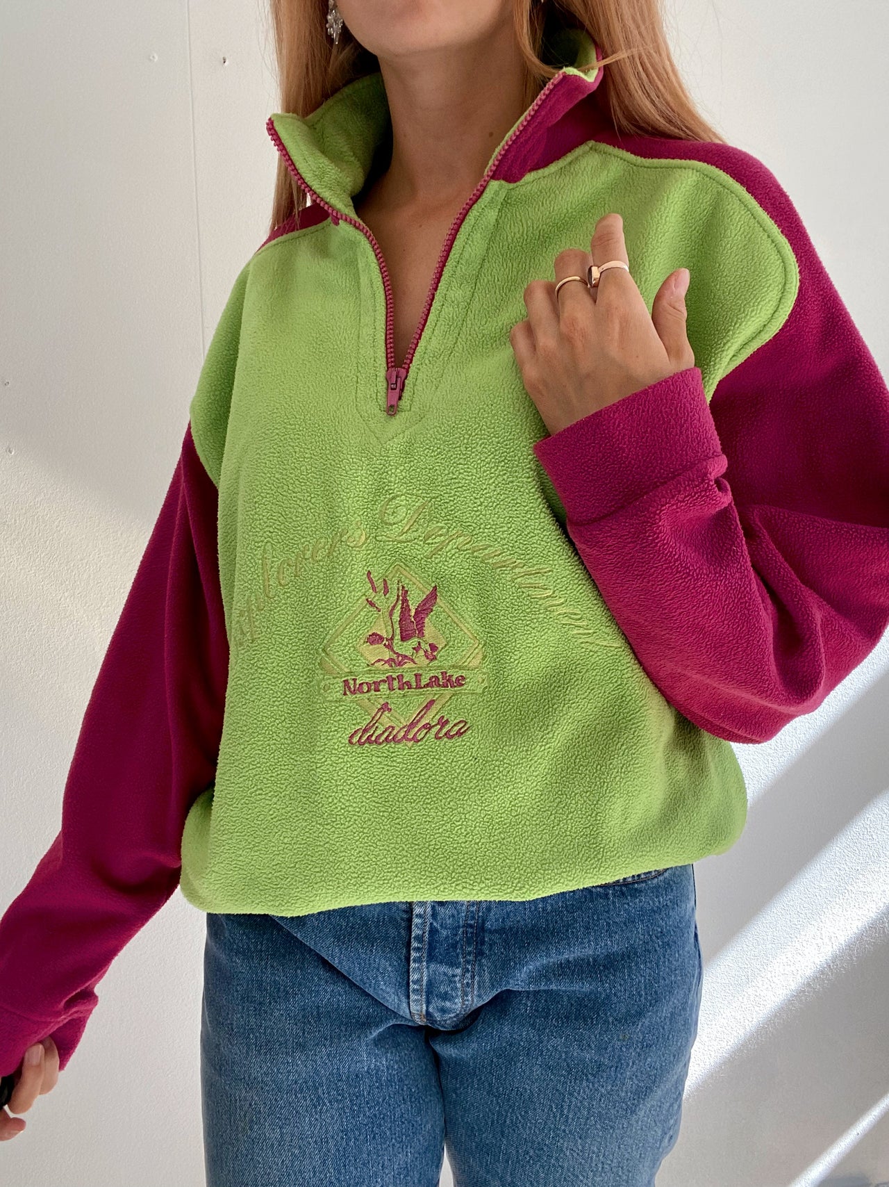 Vintage neongrüner und lila Fleecepullover Diadora M 