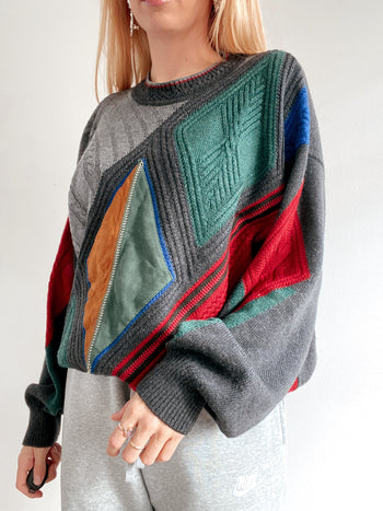 Pull vintage en laine gris et multicolore