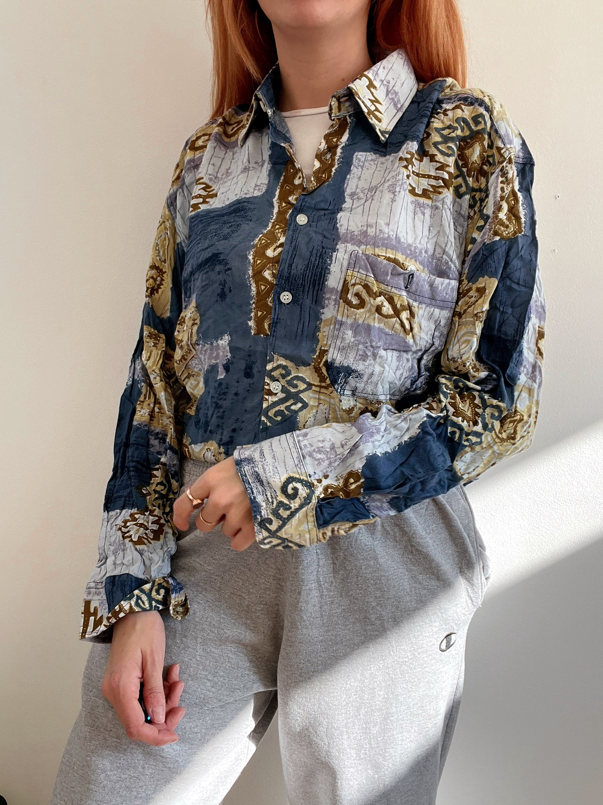 Chemise Vintage 80/90s bleue foncée  à motifs XL