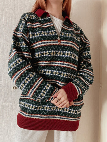 Vintage dunkelgrüner und roter Strickpullover L