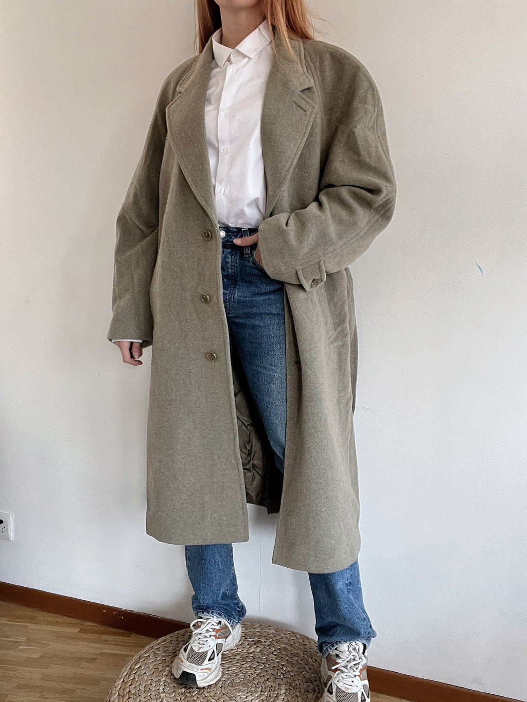 Vintage Wollmantel Taupe/Grün L