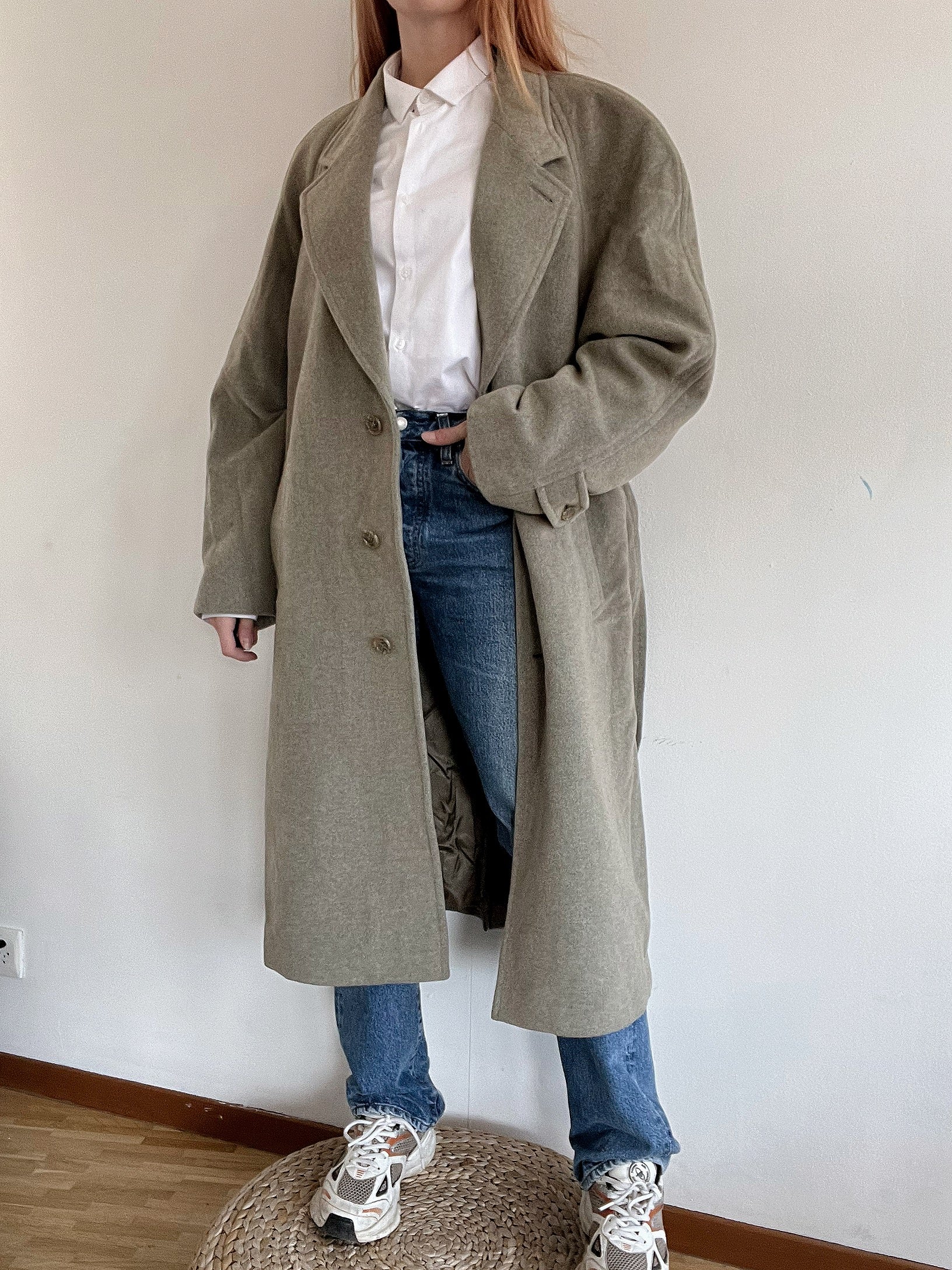 Vintage Wollmantel Taupe/Grün L