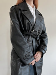 Vintage schwarzer Leder-Trenchcoat L
