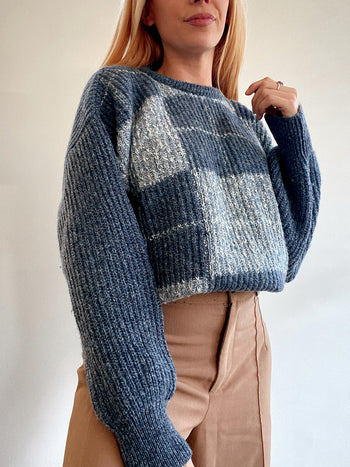 Pull vintage en pure laine Gris/bleu M