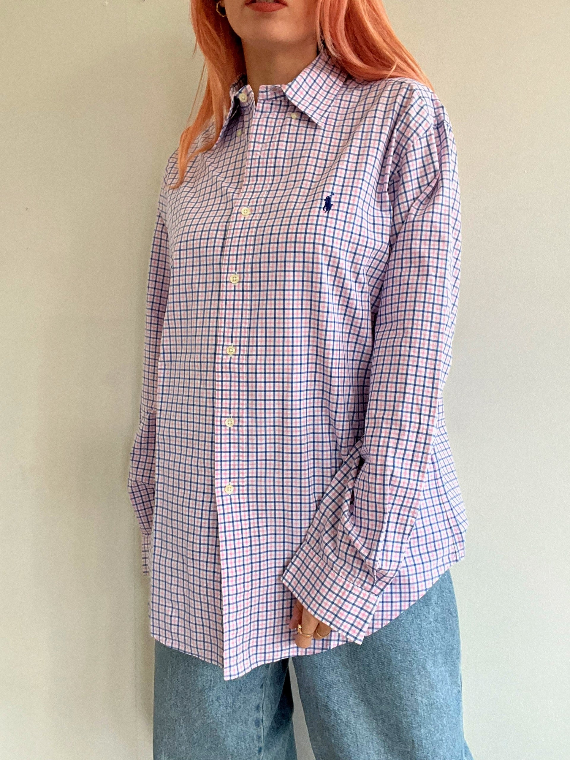 Chemise vintage Ralph Lauren à carreaux bleu et rose L