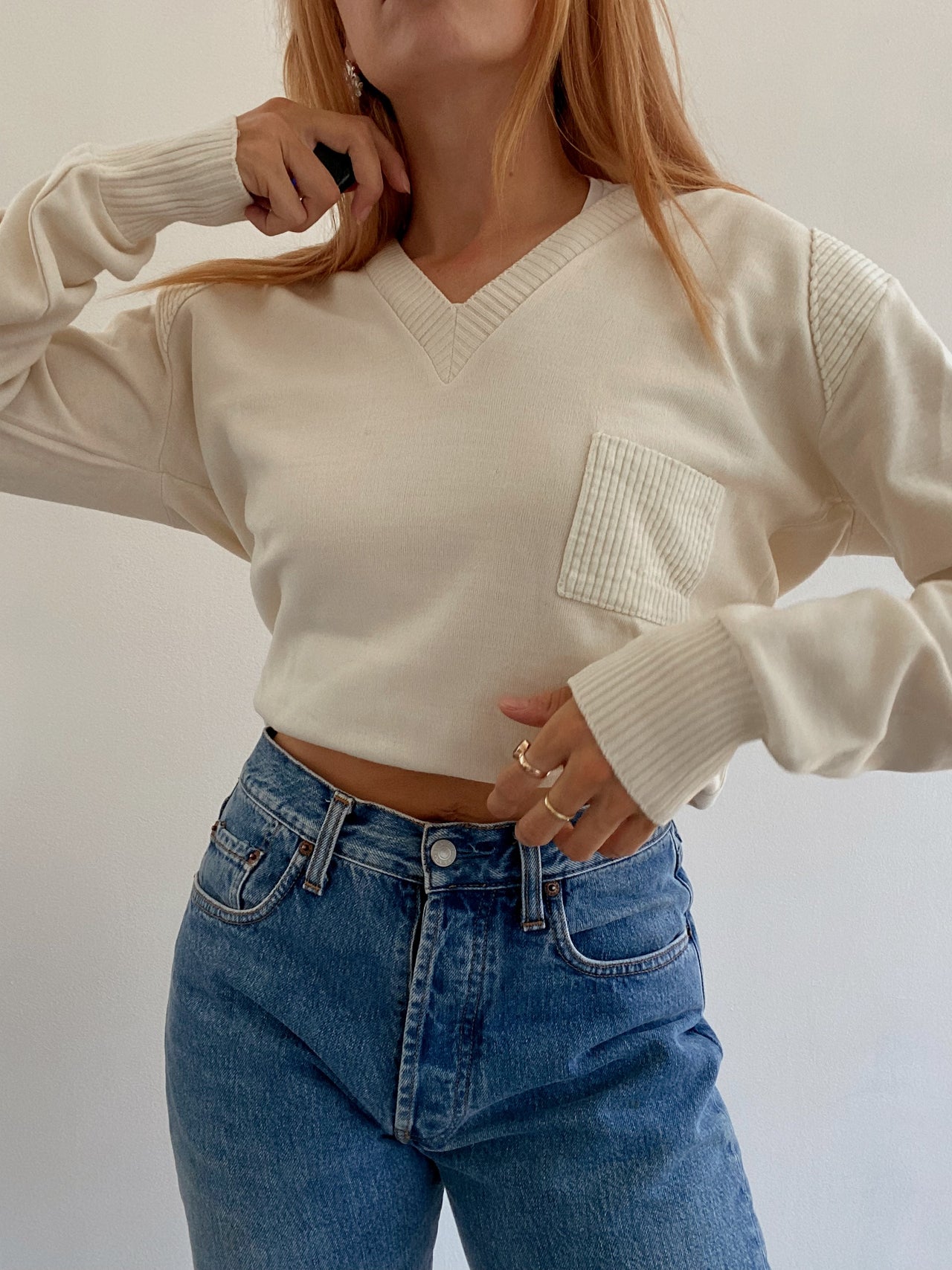 Pull vintage en maille blanc cassé S/M