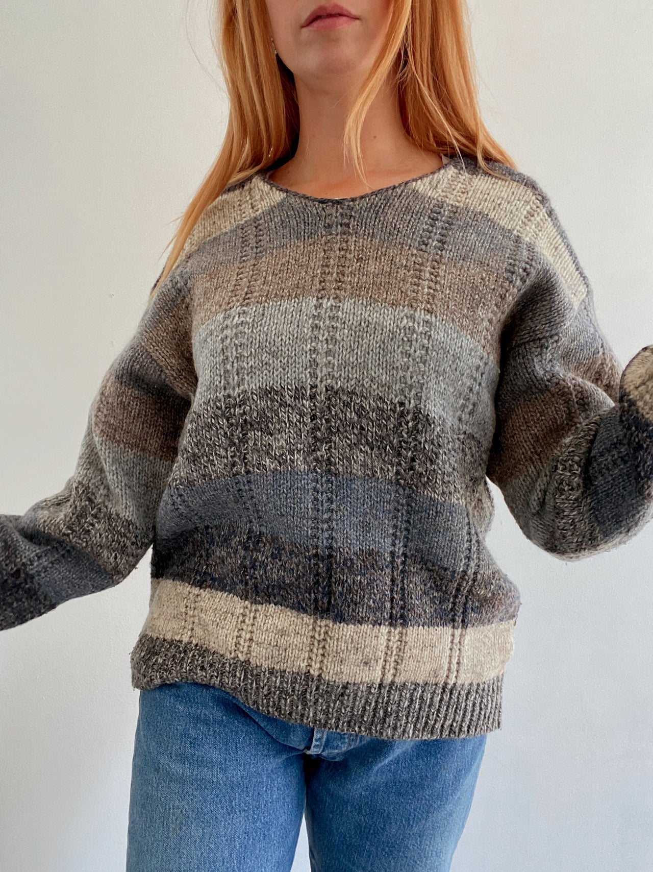 Pull vintage en laine Gris/beige  L