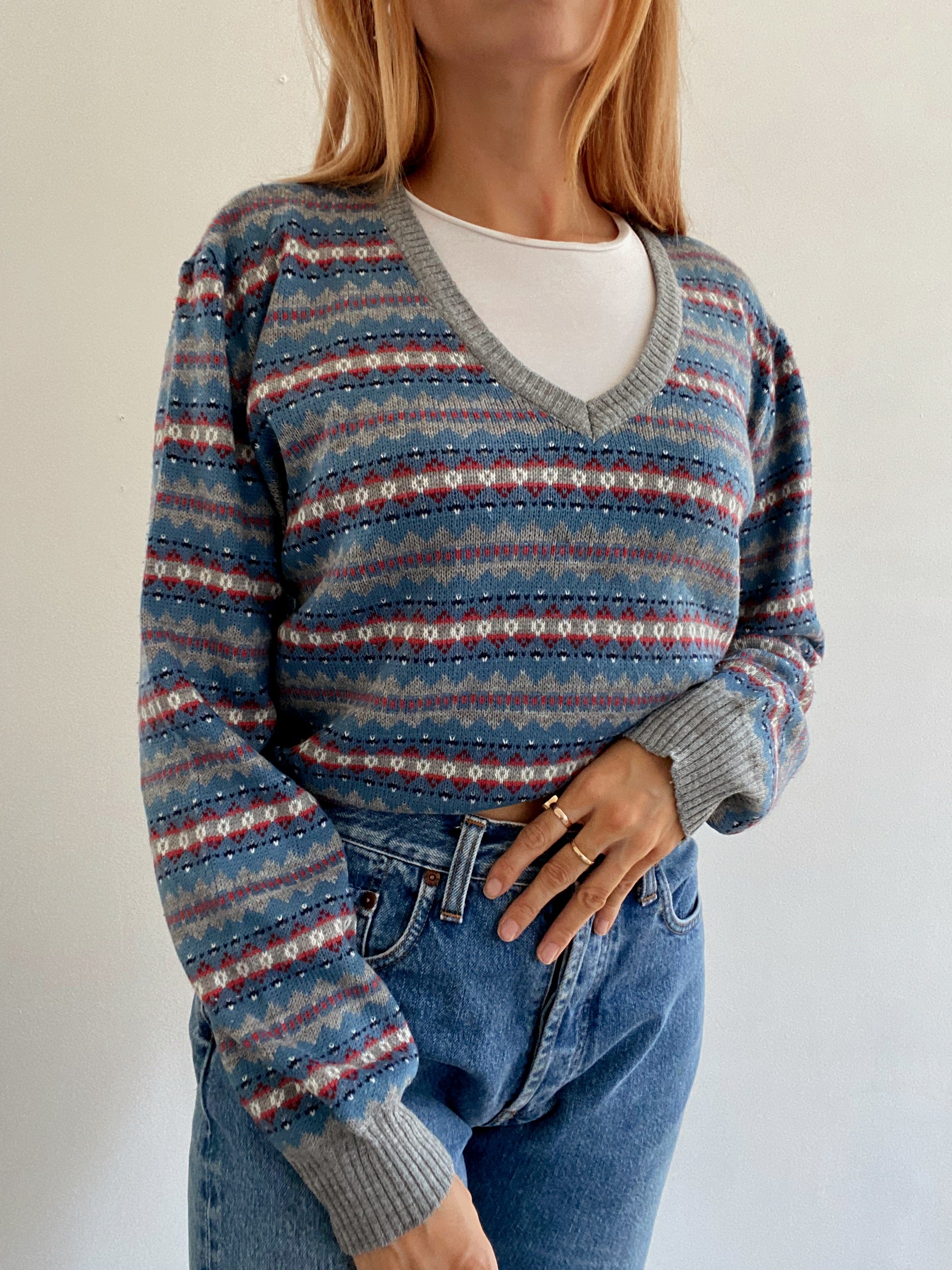 Vintage gemusterter blauer Strickpullover M/L