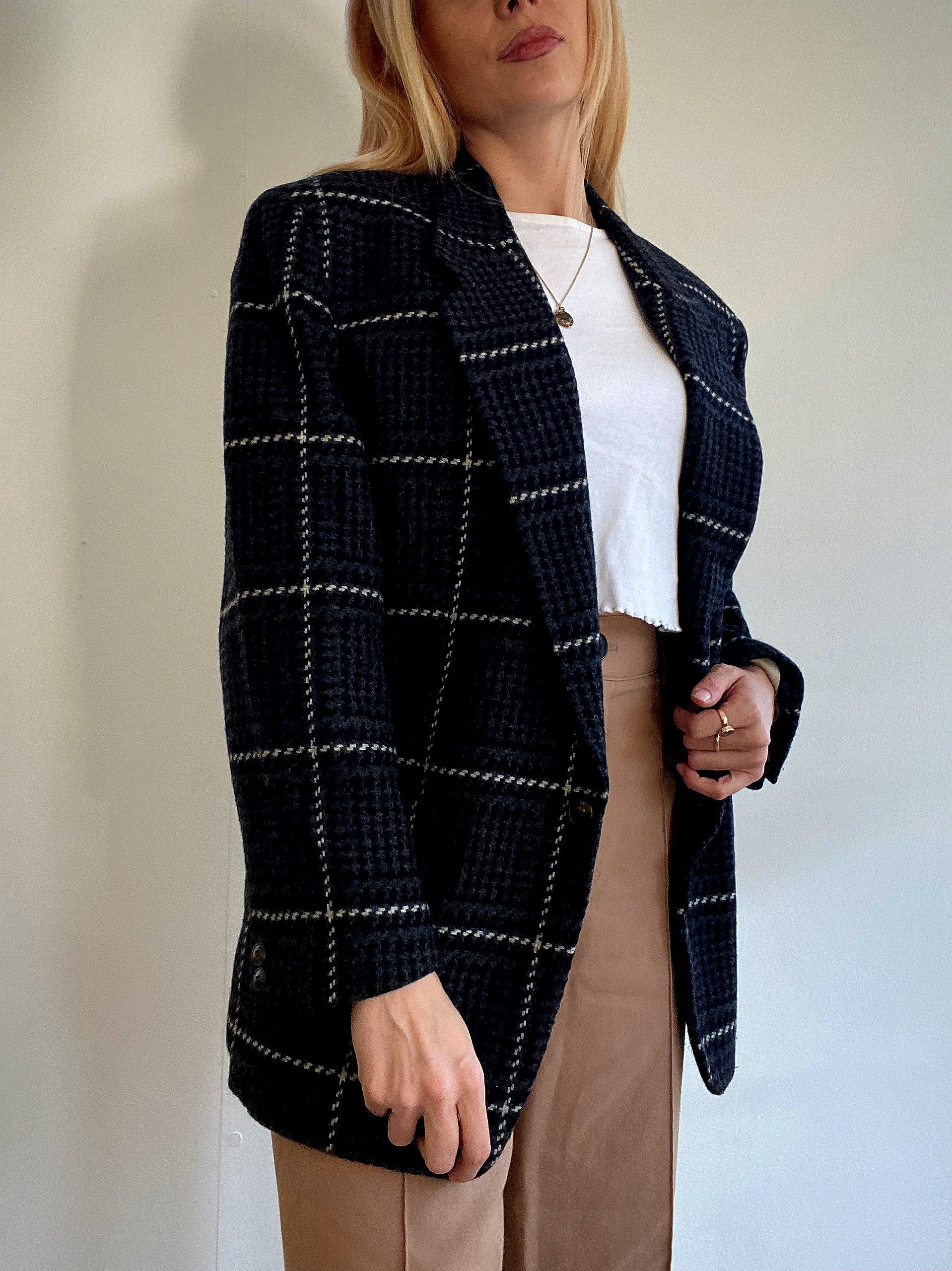 Oversized Black and White Checked Blazer Jacket M/L