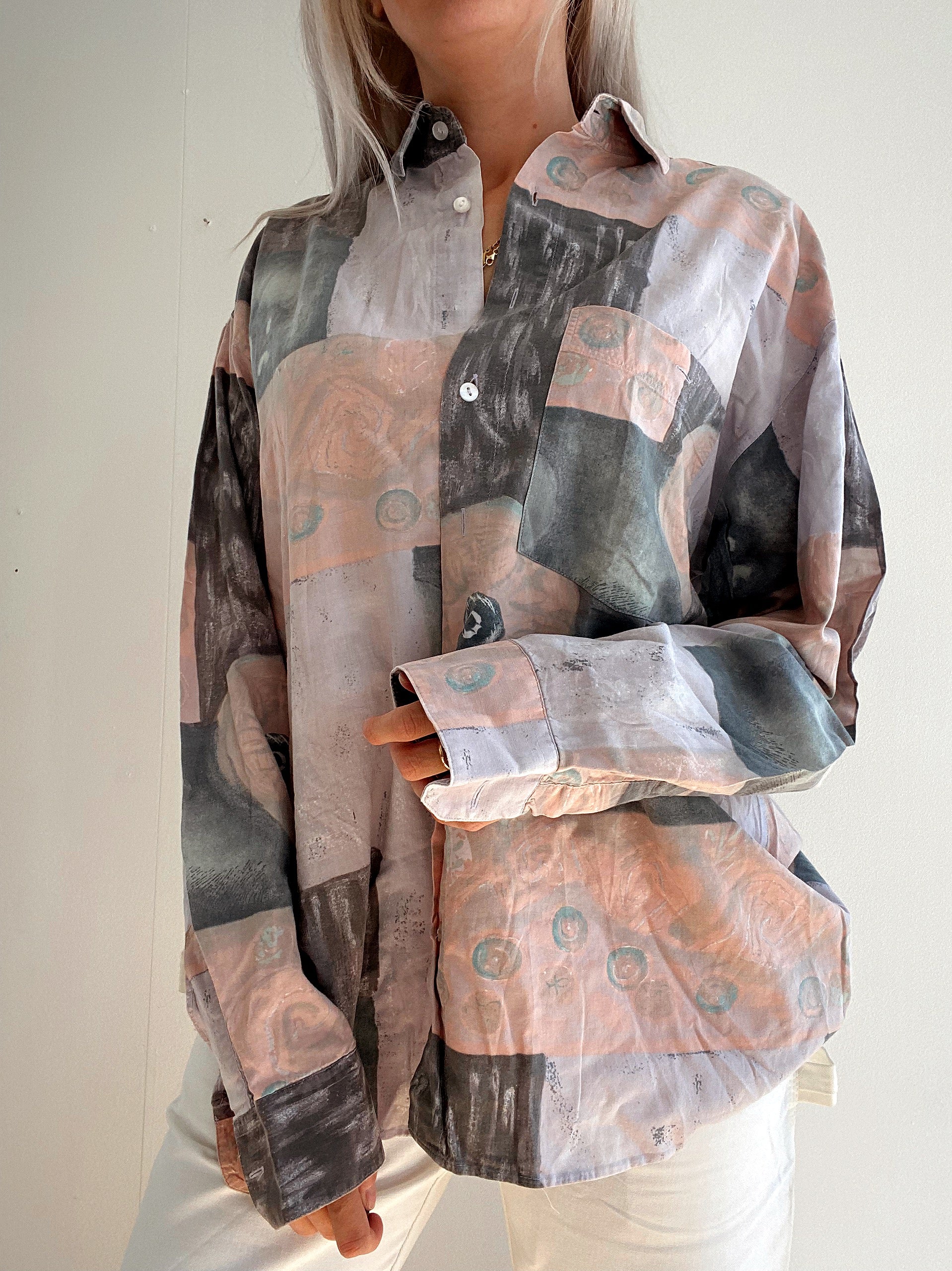 Chemise Vintage 80/90s mauve et pêche à motifs