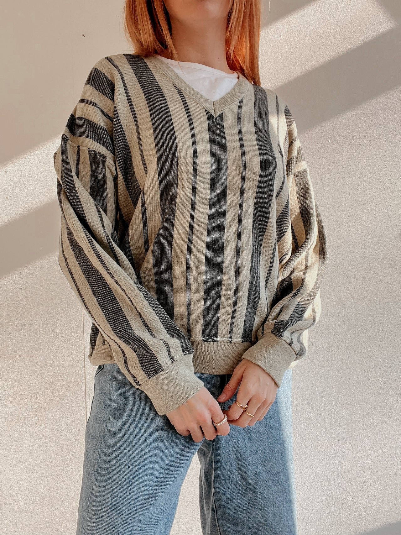 Pull vintage en laine gris et blanc cassé  M