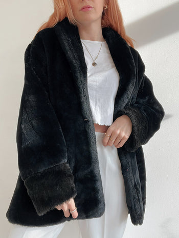 Veste vintage noire en fausse fourrure oversized S