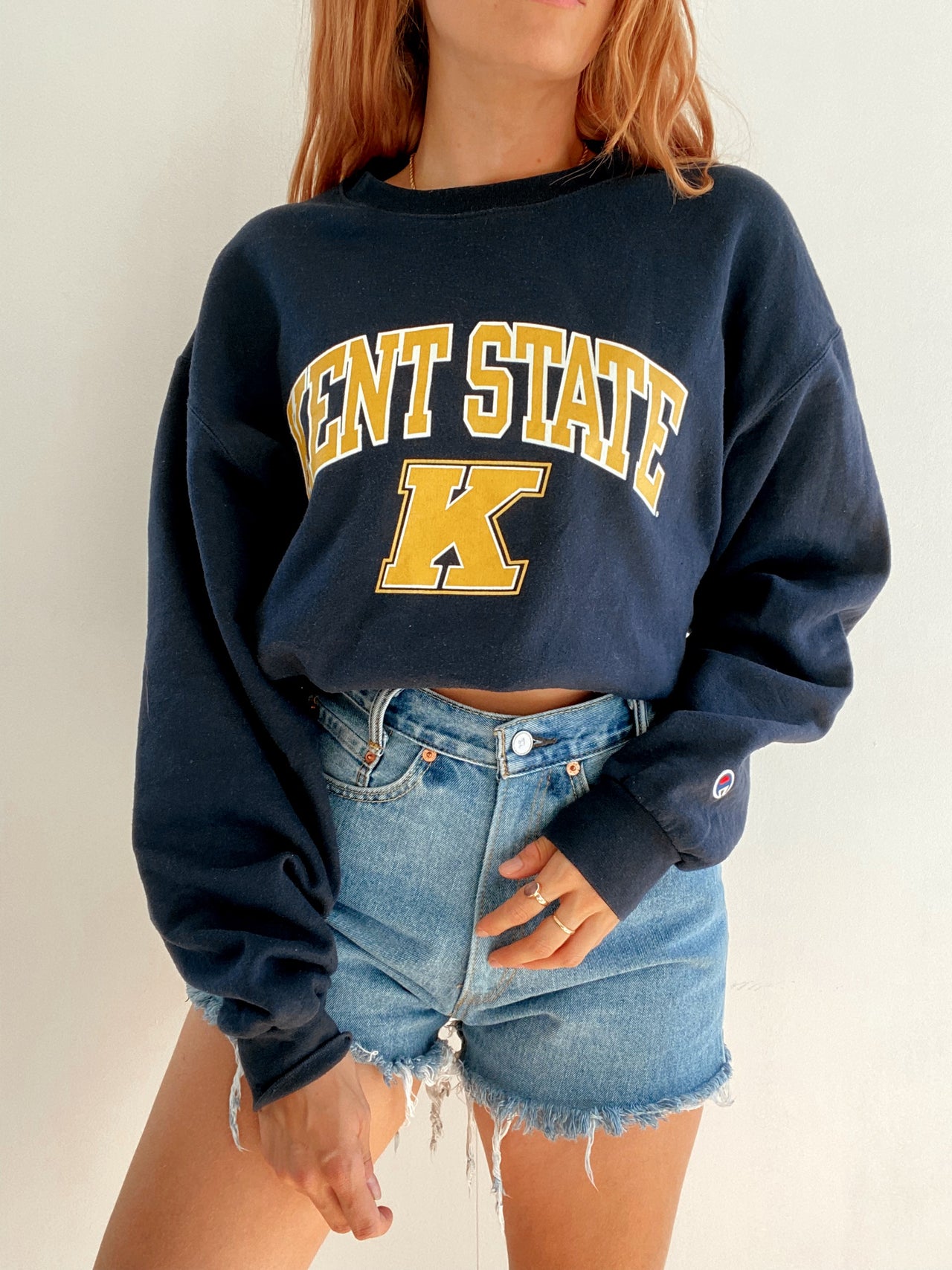 Pull vintage USA bleu foncé et jaune Champion L