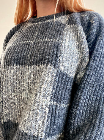 Pull vintage en pure laine Gris/bleu M