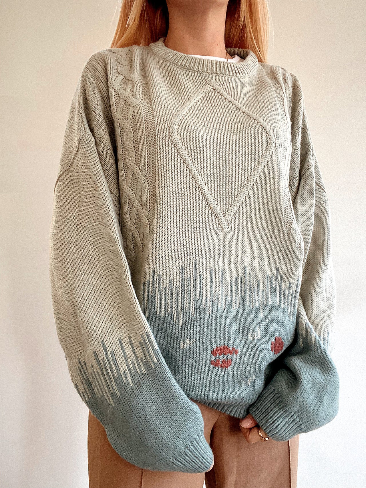 Pull vintage en laine gris Clair et bleu