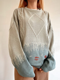 Pull vintage en laine gris Clair et bleu