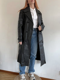 Vintage schwarzer Leder-Trenchcoat L