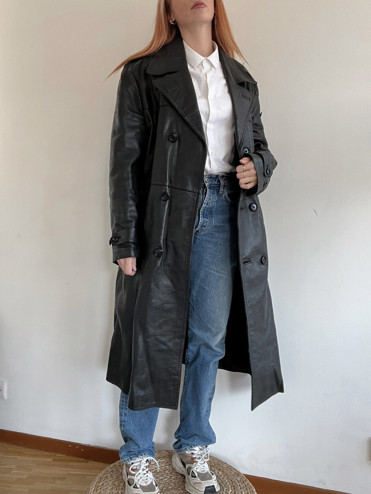 Vintage schwarzer Leder-Trenchcoat L