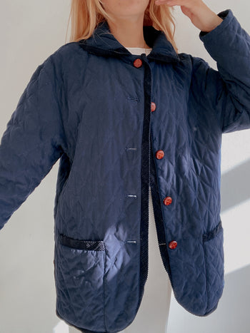 Veste vintage matelassée bleue foncée bouton bois M/L