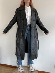 Vintage schwarzer Leder-Trenchcoat L