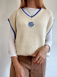 Gilet vintage sans manche blanc cassé et bleu