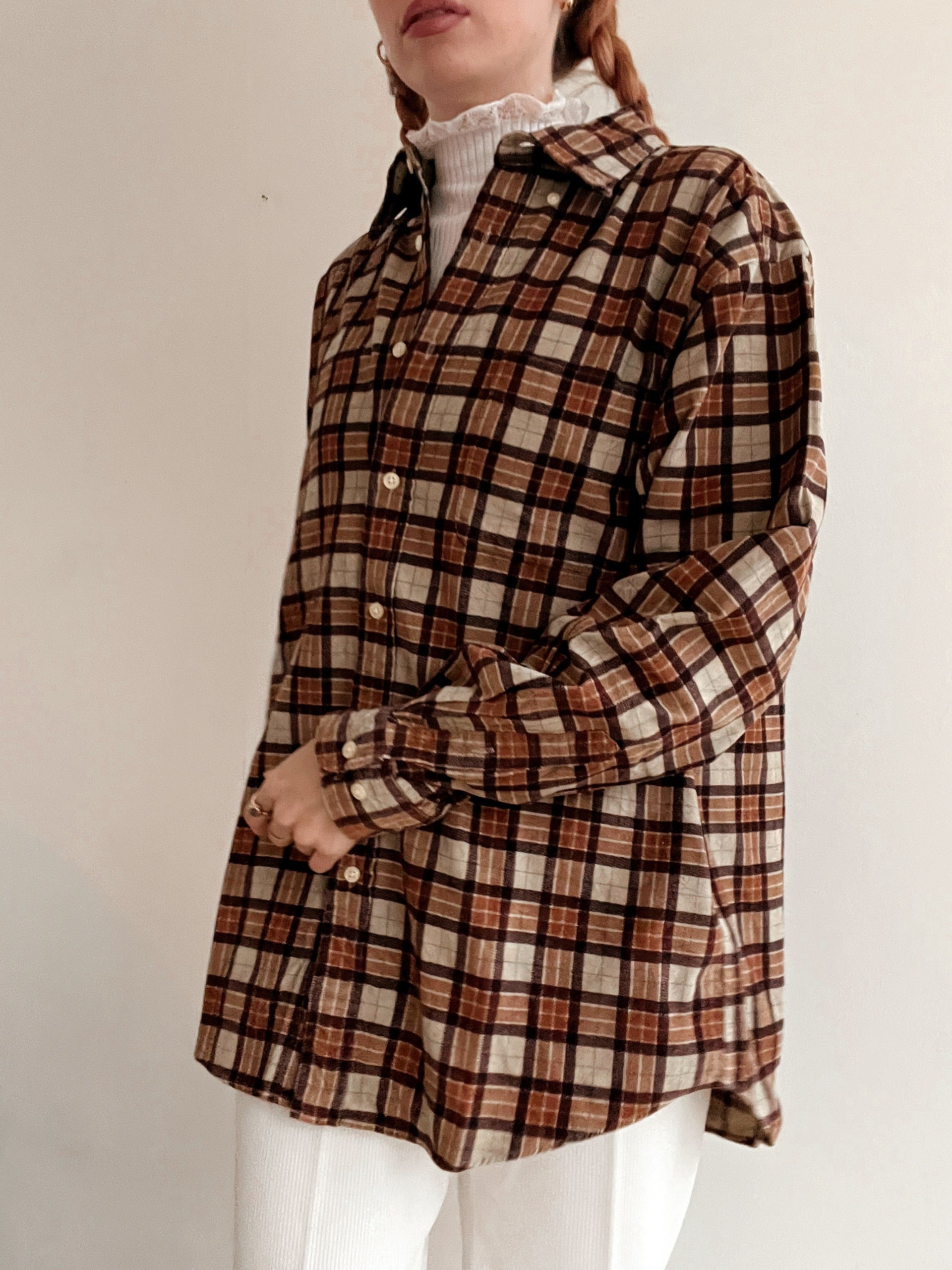 Chemise Vintage 80/90s brune/beige à carreaux en velours côtelé S