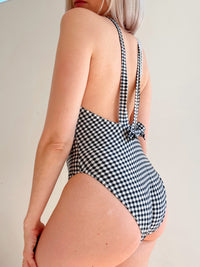 Vintage schwarz-weißer Gingham-Einteiler-Badeanzug L